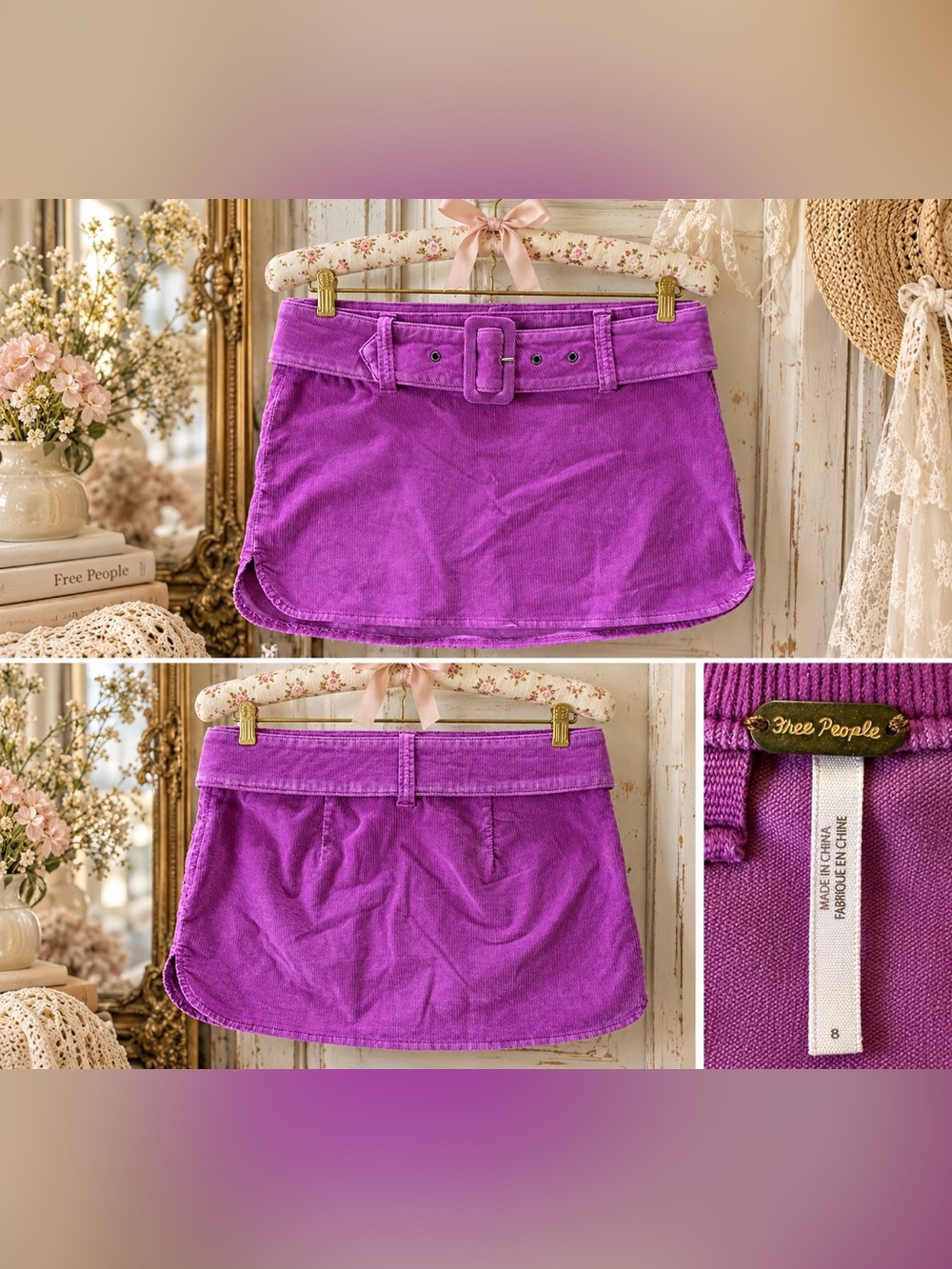 *Free People* Boho Purple Corduroy Micro Mini Skirt with Belt